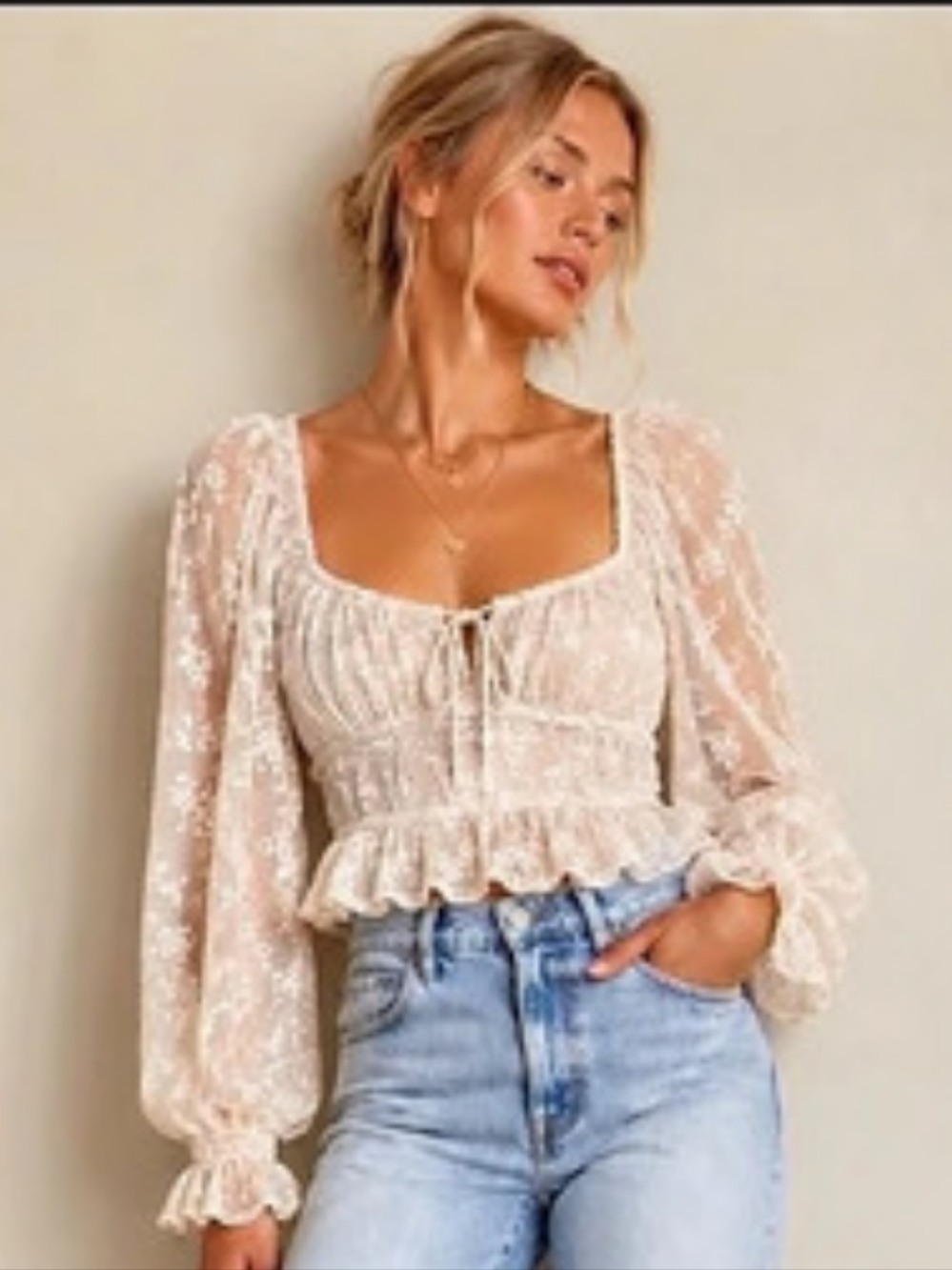 Ivory Embroidered Lace Smocked Peplum Long Sleeve Blouse XL NWT